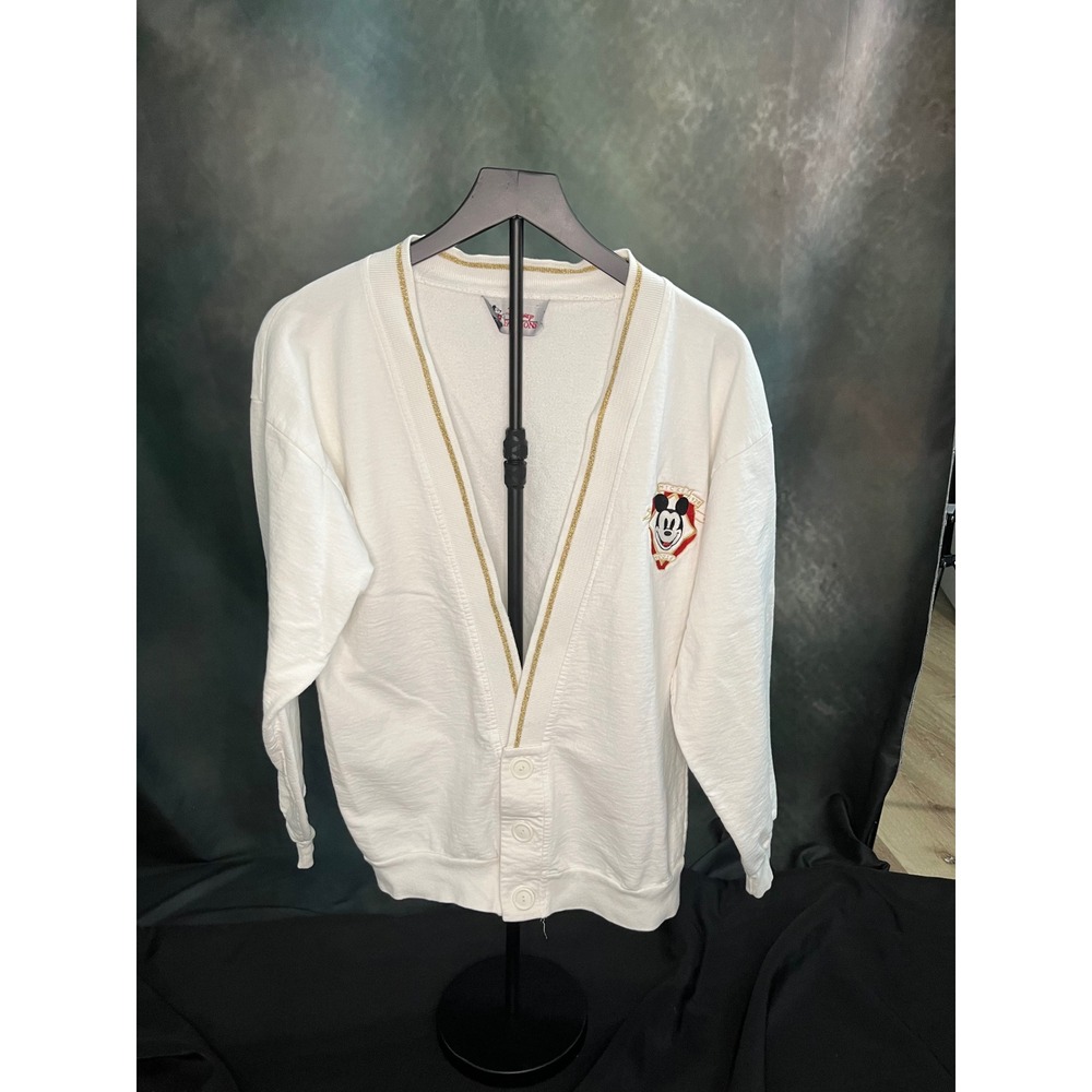 Disney Fashions Vintage Mickey Mouse Embroidered Cardigan White Gold Trim Size L